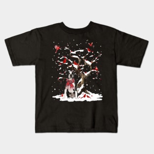 Black Boston Terrier Scarf Cardinal Snow Christmas Kids T-Shirt